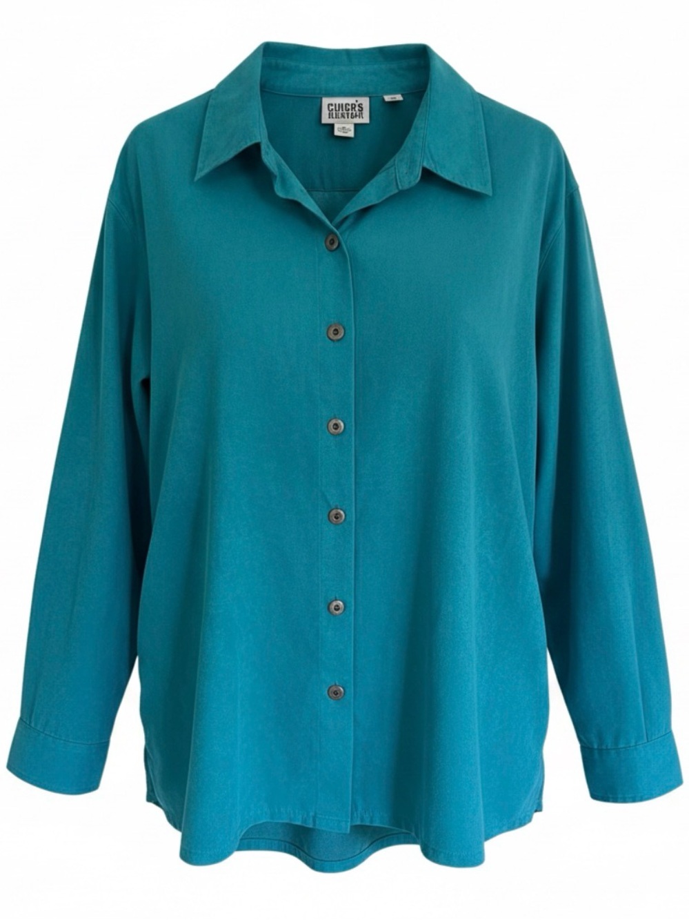 Chico's Travelers Teal Blue Button Down Shirt Blouse Long Sleeve Matte Silk Feel